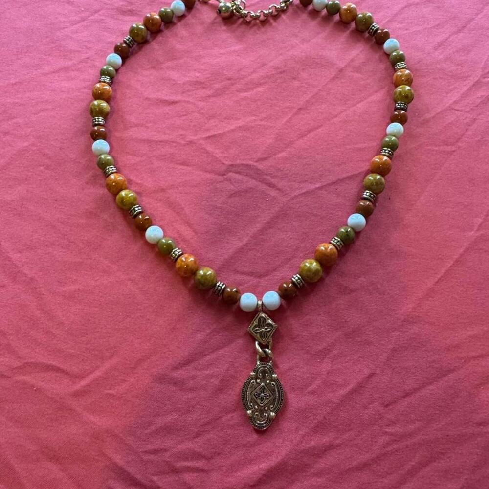 Vintage Napier earth-toned Multi-colored beaded necklace w orange/brown beads